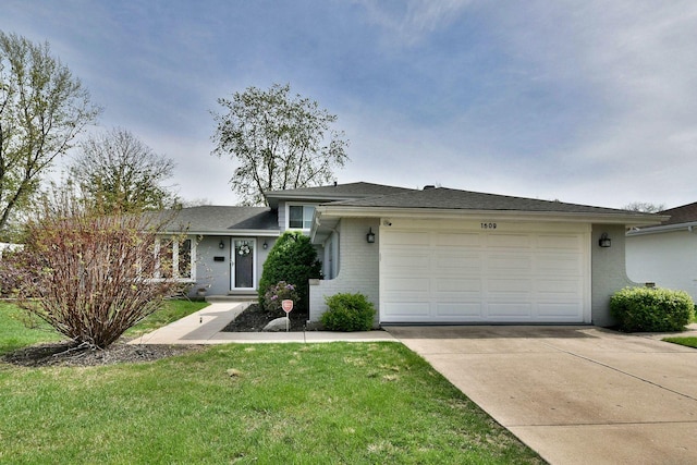 ranch-style house with concrete driveway, brick siding, an attached garage, and a front yard