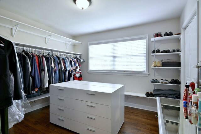 walk in closet with dark wood-style flooring