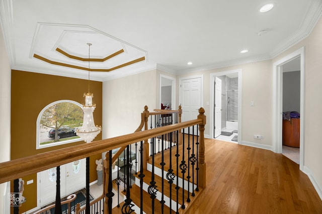 401 Jason Ln, Schaumburg, IL 60173 - corridor with crown molding, baseboards, light wood-style floors, recessed lighting, and an upstairs landing