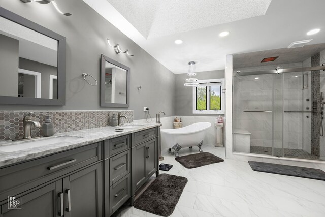 401 Jason Ln, Schaumburg, IL 60173 - full bathroom with double vanity, a sink, marble finish floor, and a stall shower