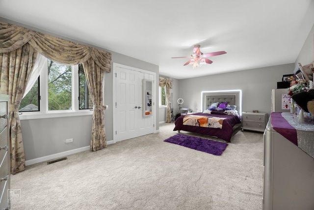401 Jason Ln, Schaumburg, IL 60173 - bedroom with baseboards, carpet flooring, a ceiling fan, and visible vents