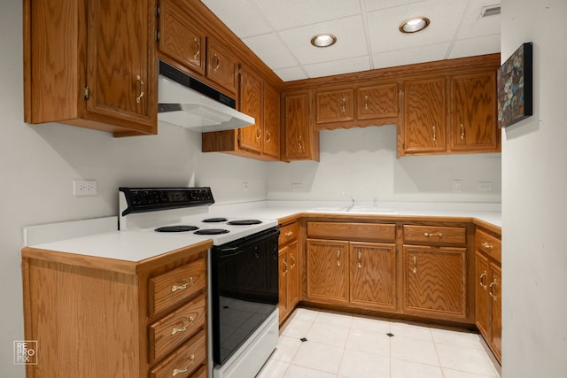 401 Jason Ln, Schaumburg, IL 60173 - kitchen with brown cabinetry, a sink, light countertops, under cabinet range hood, and electric stove
