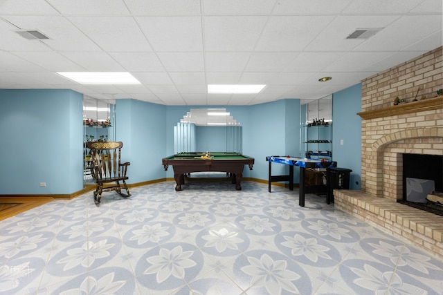 401 Jason Ln, Schaumburg, IL 60173 - game room featuring pool table, baseboards, visible vents, and a fireplace