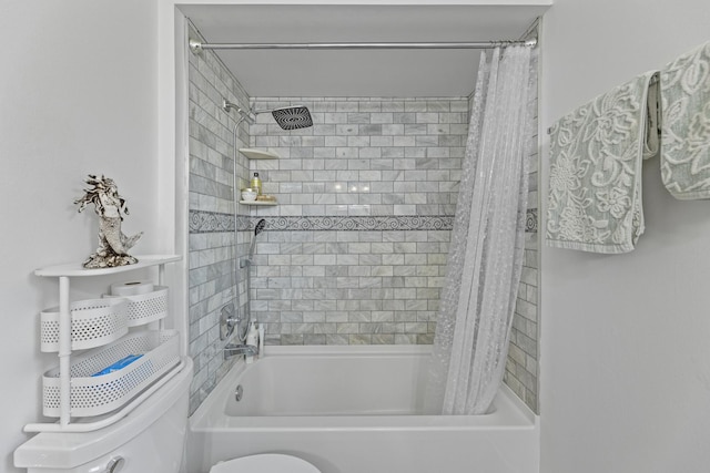 bathroom with shower / bathtub combination with curtain and toilet