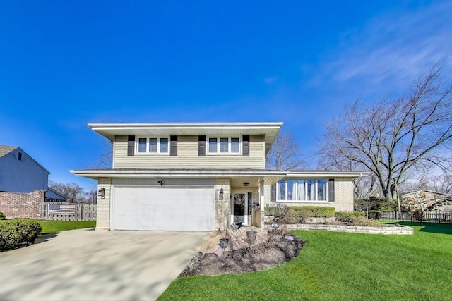 traditional home with fence, a front lawn, and brick siding
