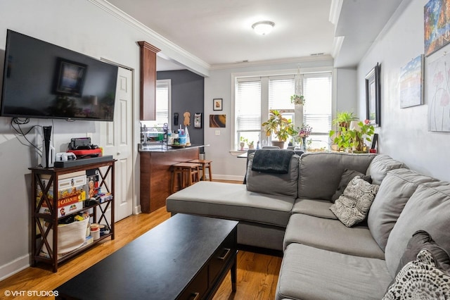 534 W Belmont Ave Unit 2S, Chicago, IL 60657 - living area with baseboards, ornamental molding, and light wood finished floors