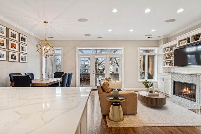 interior space with a tiled fireplace, ornamental molding, wood finished floors, and recessed lighting