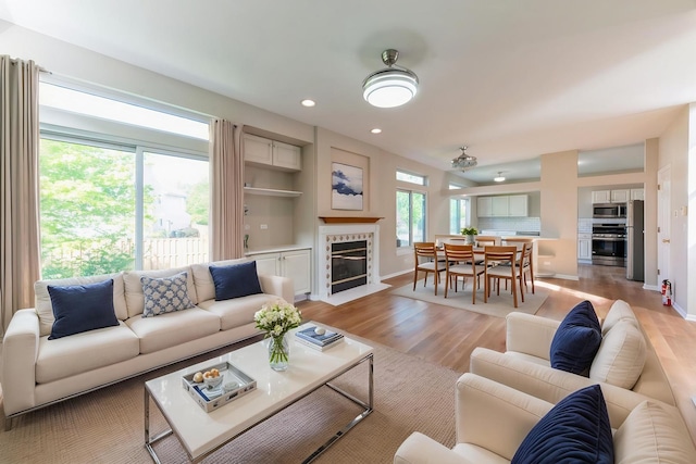 403 W Boxwood Ct, Round Lake, IL 60073 - living room featuring light wood-style floors, baseboards, a high end fireplace, and recessed lighting