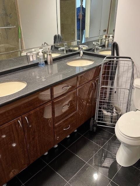 full bathroom with double vanity, toilet, and a sink