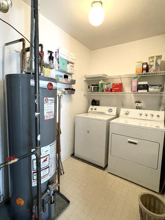 laundry room featuring water heater, laundry area, and washer and clothes dryer