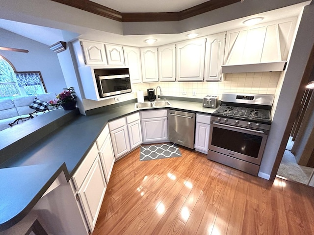 kitchen with crown molding, light wood-style floors, tasteful backsplash, a sink, and appliances with stainless steel finishes