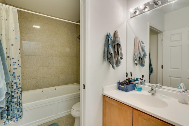 full bathroom with vanity, shower / bathtub combination with curtain, and toilet