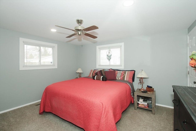 carpeted bedroom with recessed lighting, baseboards, and a ceiling fan