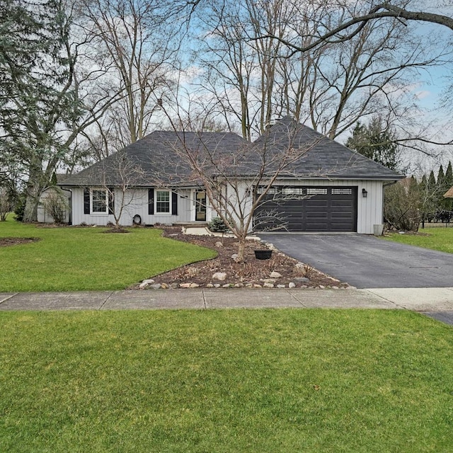 2S704 Cree Ln, Wheaton, IL 60189 - ranch-style house with a garage, a front lawn, aphalt driveway, a shingled roof, and board and batten siding