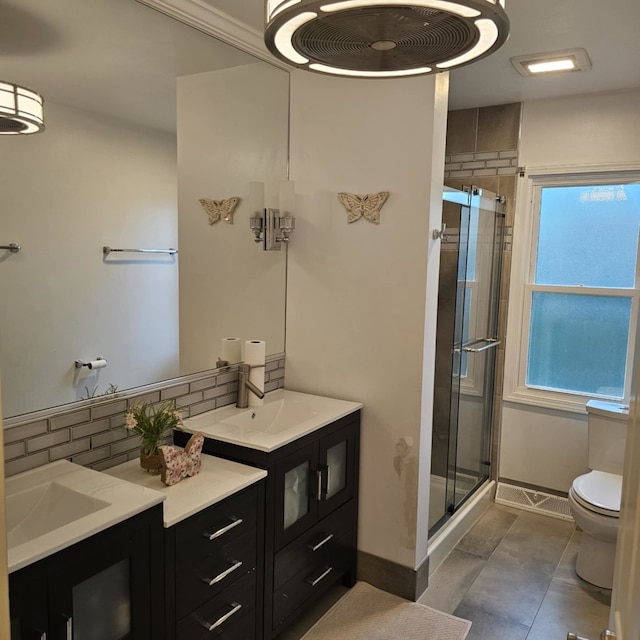 2S704 Cree Ln, Wheaton, IL 60189 - full bathroom with baseboards, tasteful backsplash, toilet, and a shower stall