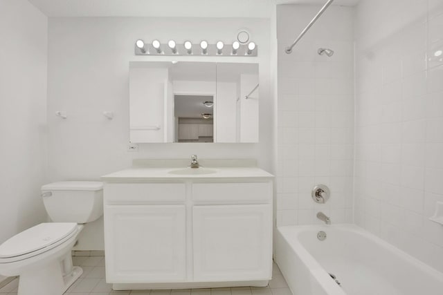 bathroom with tile patterned floors, shower / bathtub combination, toilet, and vanity