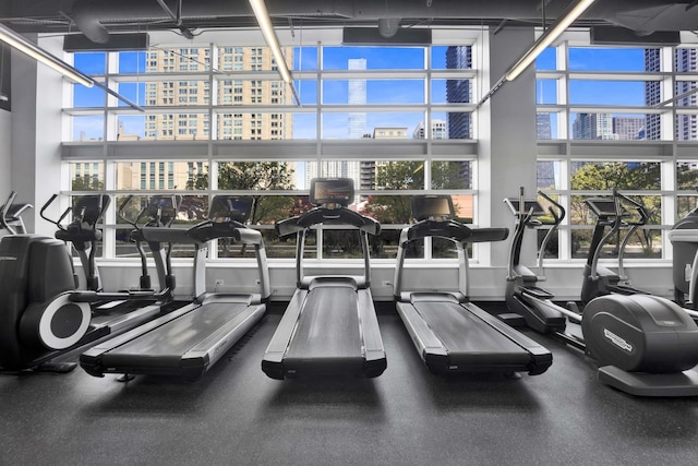 workout area featuring a city view
