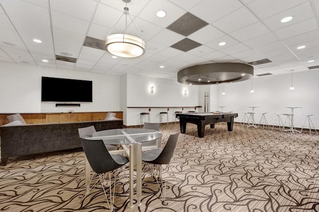 rec room with carpet, billiards, and recessed lighting
