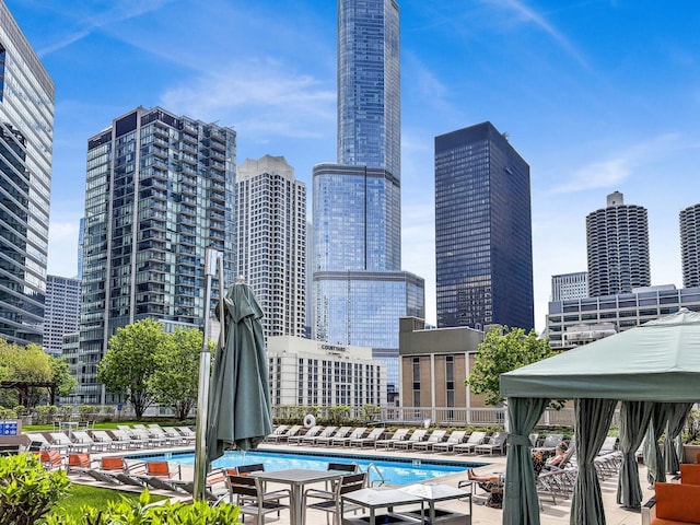 community pool with a view of skyline