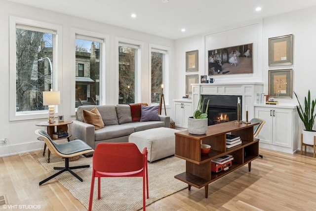 living room with a glass covered fireplace, plenty of natural light, and light wood-style floors