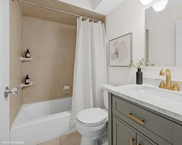 full bath with vanity, tile patterned flooring, shower / bath combo with shower curtain, and toilet