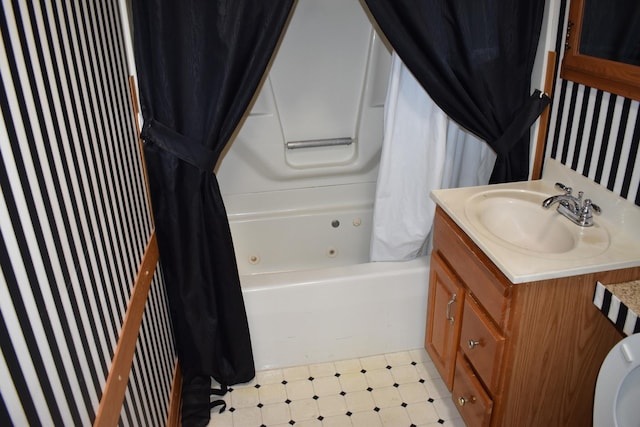 17864 E 1700 N Rd, Pontiac, IL 61764 - bathroom with wallpapered walls, tile patterned floors, shower / tub combo, and vanity