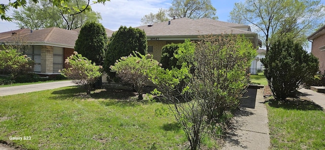 view of property exterior featuring a shingled roof, brick siding, and a lawn