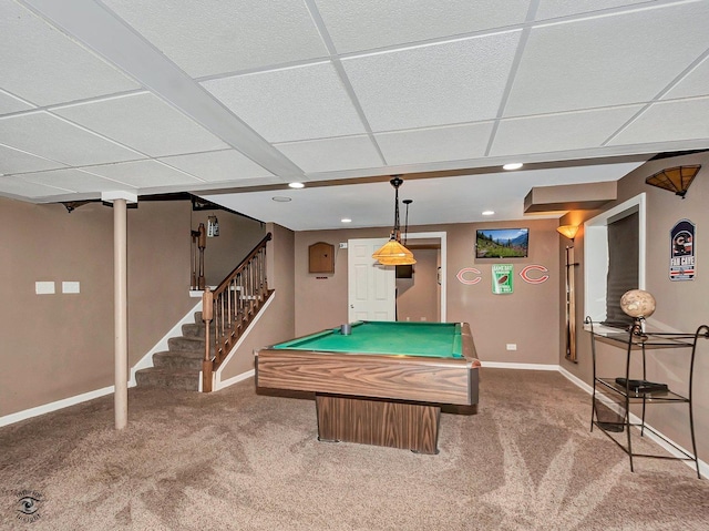 recreation room featuring pool table, baseboards, a paneled ceiling, and carpet