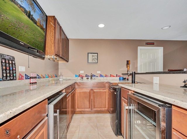 interior space featuring beverage cooler, recessed lighting, and light tile patterned flooring