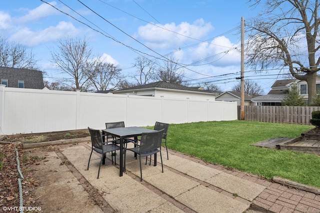 view of patio featuring a fenced backyard and outdoor dining area