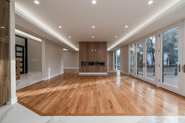 616 Glendale Rd, Glenview, IL 60025 - unfurnished living room with baseboards, a fireplace, recessed lighting, and light wood finished floors