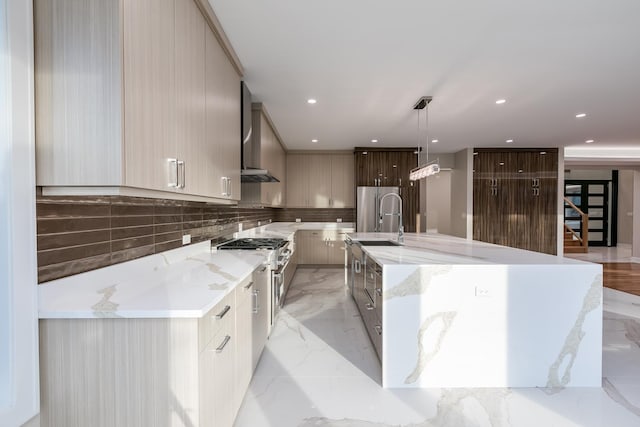 616 Glendale Rd, Glenview, IL 60025 - kitchen with wall chimney range hood, light stone counters, stainless steel appliances, decorative backsplash, and modern cabinets