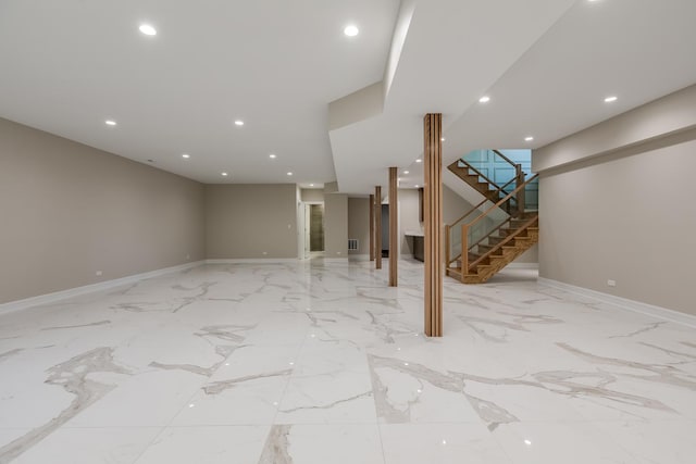 616 Glendale Rd, Glenview, IL 60025 - unfurnished living room featuring recessed lighting, baseboards, stairs, and marble finish floor