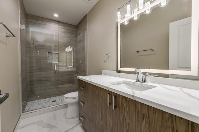 616 Glendale Rd, Glenview, IL 60025 - full bathroom with vanity, a stall shower, toilet, and marble finish floor