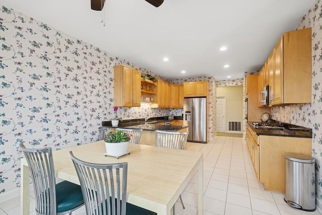1865 Old Willow Rd Unit 231, Northfield, IL 60093 - kitchen with open shelves, stainless steel appliances, wallpapered walls, recessed lighting, and a ceiling fan