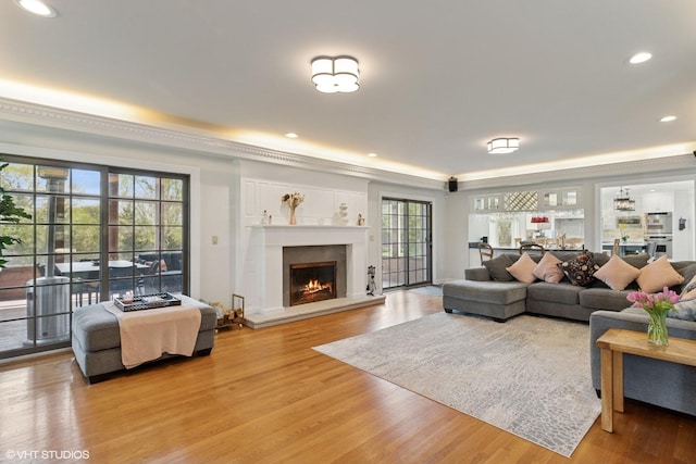 30 Rue Foret, Lake Forest, IL 60045 - living room with ornamental molding, a fireplace, wood finished floors, and recessed lighting