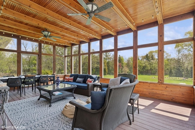 30 Rue Foret, Lake Forest, IL 60045 - sunroom featuring a ceiling fan, an outdoor hangout area, view of wooded area, and beamed ceiling