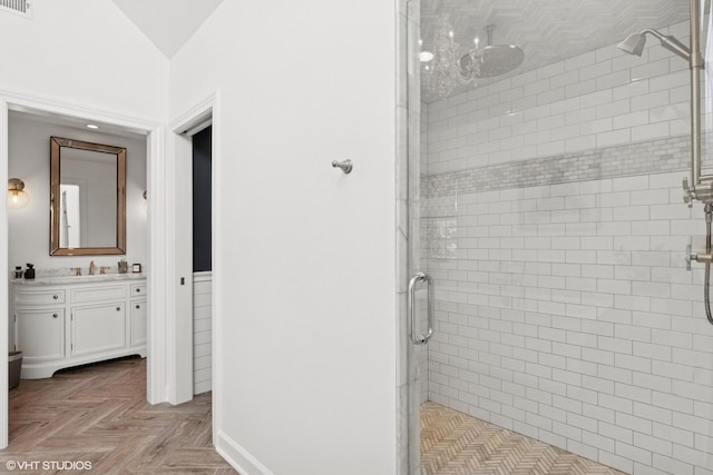 30 Rue Foret, Lake Forest, IL 60045 - full bathroom featuring a stall shower, vanity, and baseboards