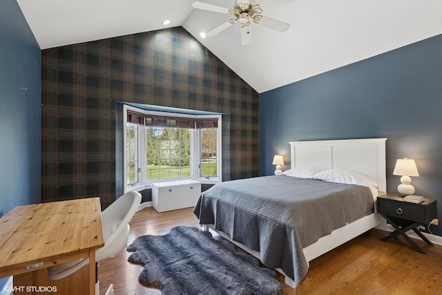 30 Rue Foret, Lake Forest, IL 60045 - bedroom featuring vaulted ceiling, wood finished floors, wallpapered walls, recessed lighting, and ceiling fan