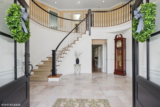 30 Rue Foret, Lake Forest, IL 60045 - entrance foyer featuring recessed lighting, stairs, a high ceiling, crown molding, and baseboards