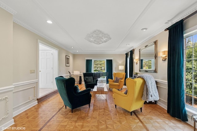 30 Rue Foret, Lake Forest, IL 60045 - sitting room featuring plenty of natural light, ornamental molding, recessed lighting, a wainscoted wall, and a decorative wall