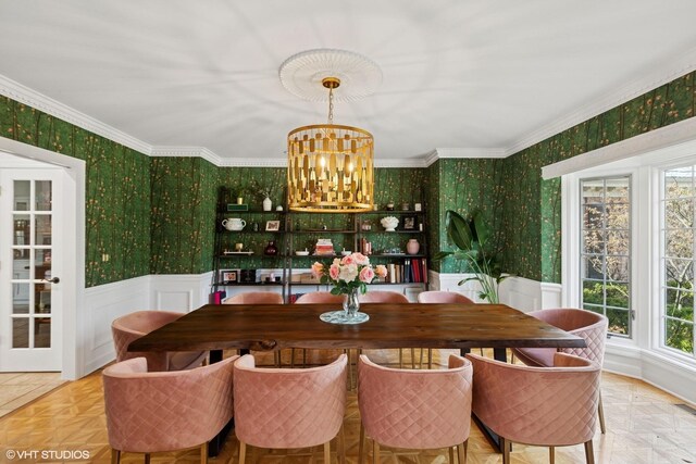 30 Rue Foret, Lake Forest, IL 60045 - dining room with wallpapered walls, plenty of natural light, a chandelier, wainscoting, and ornamental molding