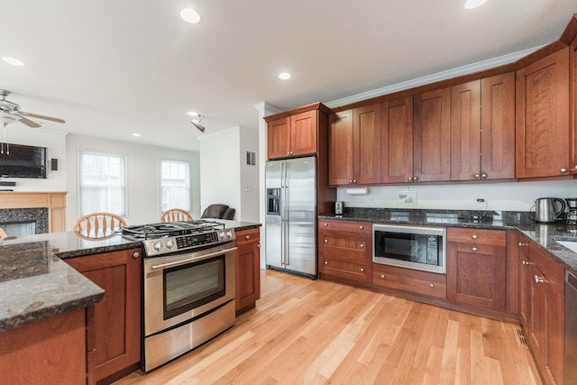 kitchen with a premium fireplace, a ceiling fan, appliances with stainless steel finishes, and light wood-style floors