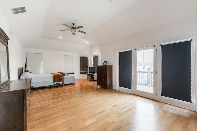 bedroom featuring recessed lighting, visible vents, access to exterior, and light wood-style floors