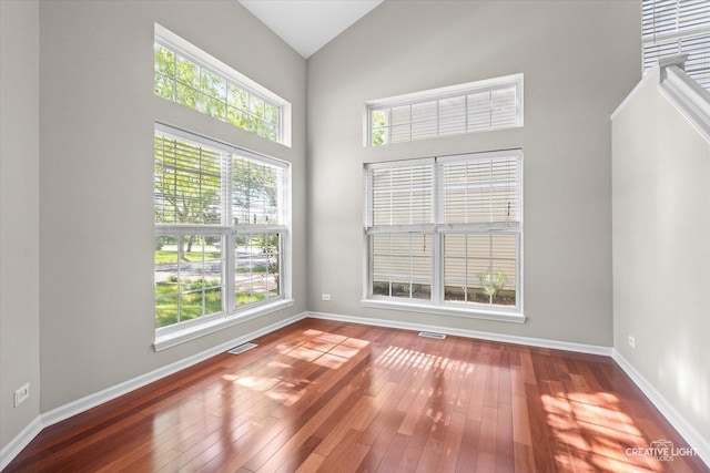 1207 Pennsbury Ln, Aurora, IL 60502 - spare room with plenty of natural light, hardwood / wood-style floors, baseboards, and high vaulted ceiling