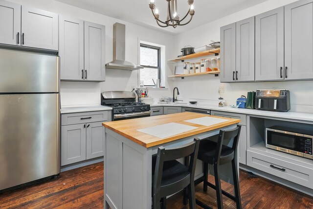 3237 W Cortez St, Chicago, IL 60651 - kitchen featuring appliances with stainless steel finishes, a breakfast bar area, gray cabinets, wall chimney exhaust hood, and butcher block counters