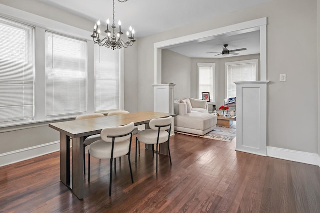 3237 W Cortez St, Chicago, IL 60651 - dining area with baseboards, ceiling fan with notable chandelier, and dark wood-style floors