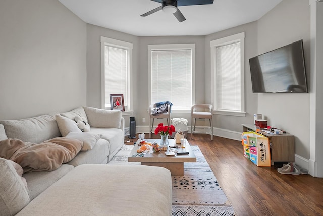 3237 W Cortez St, Chicago, IL 60651 - living area with a healthy amount of sunlight, baseboards, a ceiling fan, and dark wood-style floors