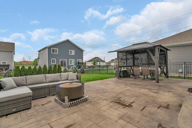 1825 Spencer Way, Shorewood, IL 60404 - view of patio / terrace featuring an outdoor living space with a fire pit, a gazebo, and a fenced backyard