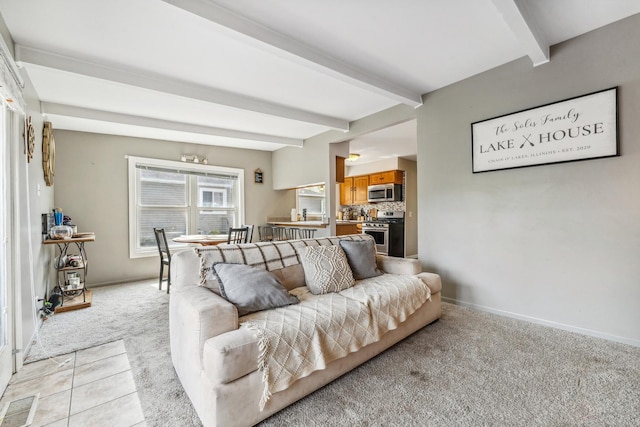 26312 W Blackhawk Ave, Ingleside, IL 60041 - living area with baseboards, beamed ceiling, light carpet, and visible vents